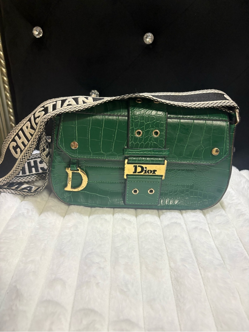 & Other Stories Green Croc-Embossed Crossbody with Branded Strap